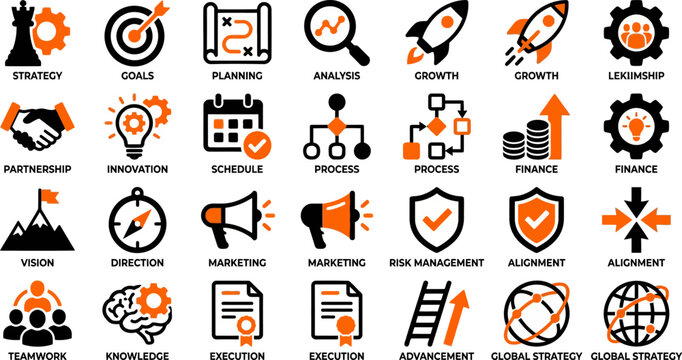 Business Strategy and Planning solid icon set. Includes icons for Mission, Vision, Roadmap, and Risk Management. Modern glyph vector symbols for corporate development and success