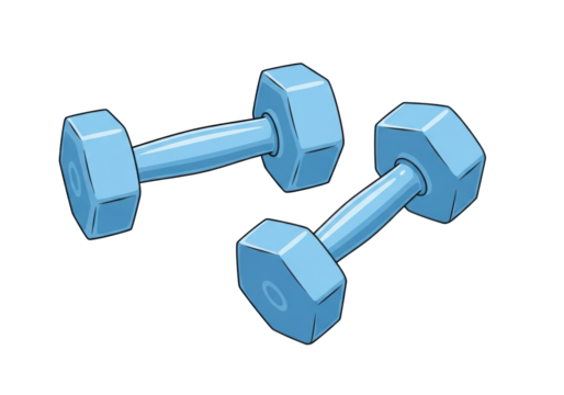 Two light blue hexagonal dumbbells, one horizontal, one diagonal, on a clean transparent background, rendered in flat design vector illustration, minimalist style. Concept of modern fitness - Powered by Adobe