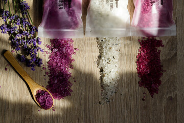 Fragrant lavender sea salt combined with a natural wooden spoon is the perfect element for a spa...