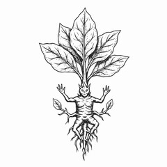 Hand-Drawn Mystical Botanical Creature Root Engraving Style Illustration with Humanoid Form and Lush Foliage