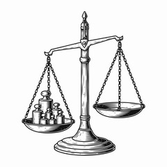 Black and white illustration of vintage scales with weights on one side