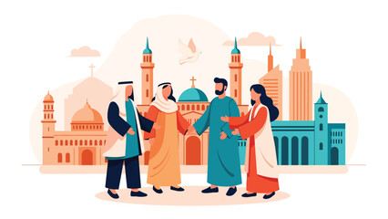 Flat vector illustration of diverse people celebrating peace together in open plaza, symbolizing harmony, tolerance, and religious diversity in shared public spaces