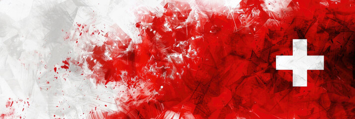 Swiss flag depicted with abstract paint texture for August 1st celebration. Red and white artistic background, patriotic concept. horizontal banner, copy space, free space for text