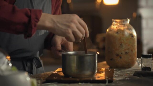 A man crafts a sour marinade for organic cabbage, initiating fermentation prep for fresh, craft sauerkraut production, showcasing expertise in artisanal produce preservation