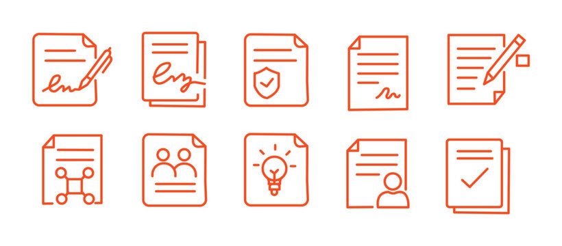 Business contract and legal agreement document line icons. Set includes NDA, digital signature, compliance, license, insurance, payment terms and upload-download paper vector illustration.