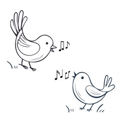 Doodle musical illustration. Two hand-drawn birds singing musical notes. For coloring page, nursery wall art, school music posters, DIY craft projects and scrapbooking