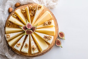 Appetizer board showcases various cheese types, sweet fig halves, whole walnuts, festive food for guests