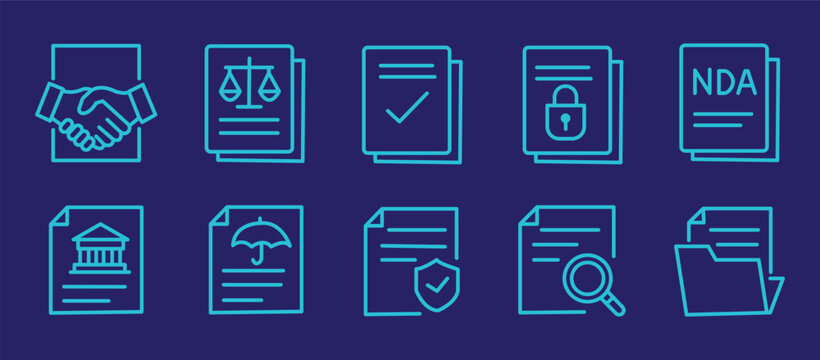 Business contract and legal agreement document line icons. Set includes NDA, digital signature, compliance, license, insurance, payment terms and upload-download paper vector illustration.