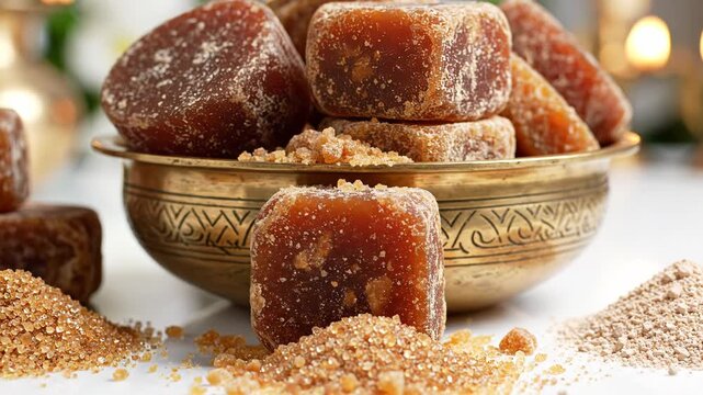 Jaggery cubes and powder in a traditional brass bowl with soft background lighting video