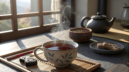 Fototapeta premium A serene tea setting with a steaming cup on a bamboo tray