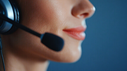 A close up of a woman wearing headphones and microphone, likely working in customer service or support