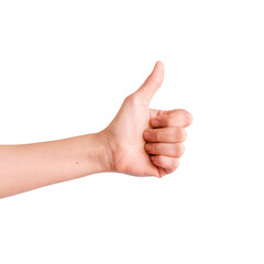 Human hand showing thumbs up gesture on a clean white background