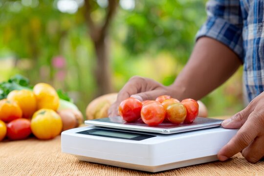 Male hands weigh fresh organic cherry tomatoes on kitchen scale outdoors - Powered by Adobe