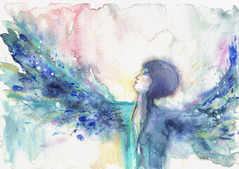 Abstract watercolor with human figure and wing-like forms, emotional and symbolic composition