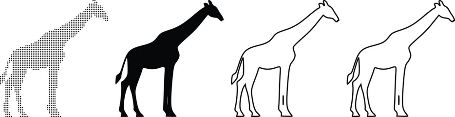 Diverse representations of a giraffe, from silhouette to outline, showcasing different visual styles
