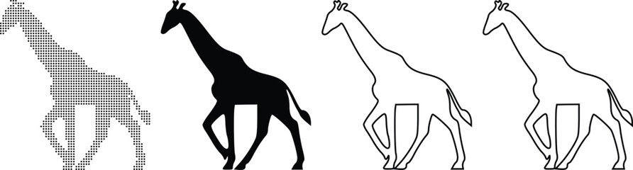 Four stylized giraffes in silhouette and outline show movement and form