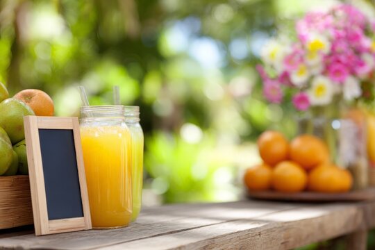 Sweet orange juice served in mason jars with straws, fresh fruit assortment, blank chalkboard, blurred greenery, outdoor table - Powered by Adobe