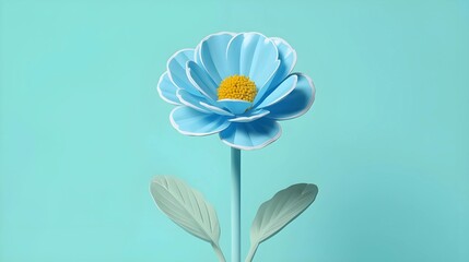 A stylized 3D render of a light blue flower with a yellow center and pale green leaves. The aesthetic is clean and minimalist, set against a solid turquoise background with soft lighting.