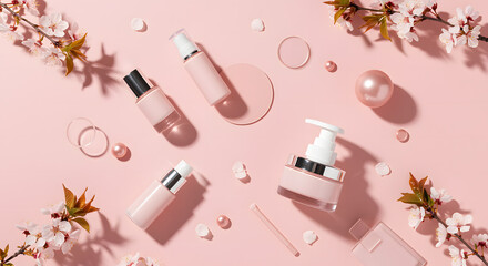 Pink skincare bottles and cherry blossoms on pink background