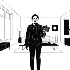 Elegant Woman Holding Flower Bouquet in a Modern Minimalist Living Room Interior Design, High Contrast Black and White Line Art Vector Illustration Graphic, Lifestyle Concept Scene AI Generative
