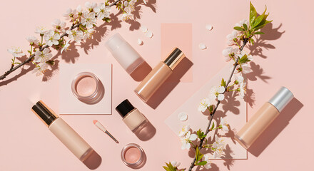 Makeup foundation bottles and cherry blossoms on pink