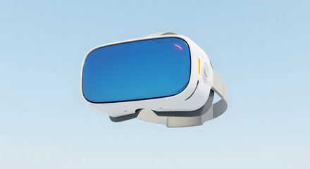 White virtual reality headset with blue screen on sky background