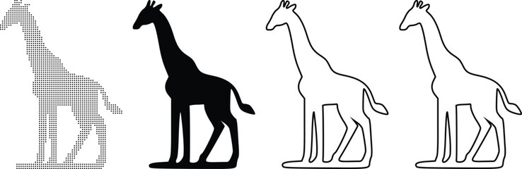 Obraz premium Four stylized giraffes in different graphic styles: silhouette, outline, and gradient.