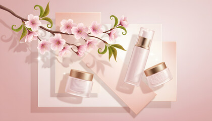 Pink cherry blossoms and cosmetic bottles on pastel geometric shapes