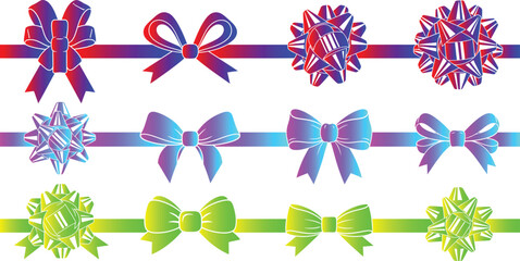 Versatile Collection of Colorful Gradient Decorative Bows and Ribbons in Various Shapes and Styles, Vibrant Festive Gift Wrap Elements for Celebrations and Holidays Isolated on White AI Generative

