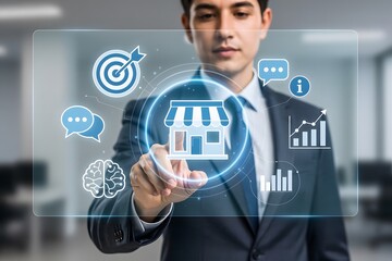 A focused, mid-shot of a businessman in a dark suit touching a futuristic, translucent digital screen with his right index finger. At the center of the virtual interface, a glowing storefront icon is 