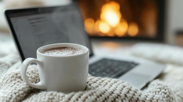 Comfortable distant workspace displays a steaming cocoa beverage, open laptop, soft knitted blanket, and warm glowing fireplace, perfect for virtual tasks.
