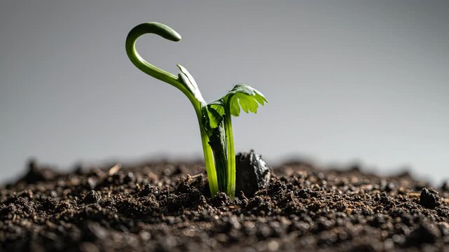 Green seedling emerging from dark soil with developing leaves showcasing growth progression in a natural environment during early plant development. Timelaps