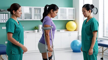Female patient using crutches demonstrates mobility progress while receiving guidance from two attentive healthcare professionals in a clinical setting