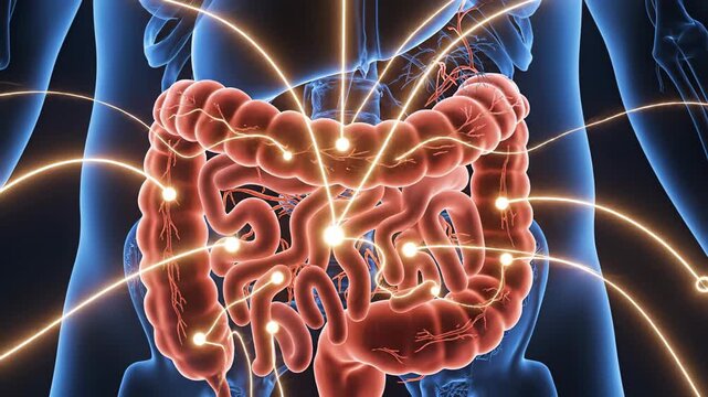 Anatomical illustration of human digestive system highlighting intestines with glowing neural connections and energy flow in sequential visual progression