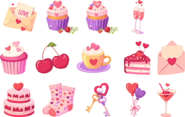 A cute flat illustration set shows Valentine’s Day–themed icons including desserts, drinks, love letters, balloons, and romantic accessories arranged