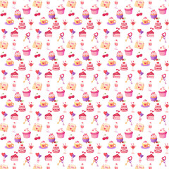 A seamless Valentine’s Day pattern featuring cute pastel illustrations of cupcakes, cakes, love letters, cherries, heart balloons, drinks, and romantic treat