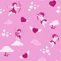 Cupid, seamless pattern, angel set, hand drawn sketch,  vector illustration