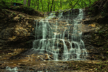 Serene forest waterfall with water veil over ancient sedimentary rock.
