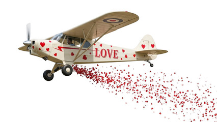 Vintage airplane with hearts and love message isolated on transparent background