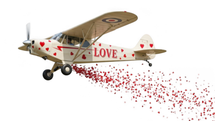 Vintage airplane with hearts and love message isolated on transparent background