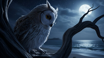 Hyperrealistic, wise owl with vintage spectacles contemplates a dramatic moonlit ocean from an ancient branch under a starry night. Perfect for fantasy book covers, Halloween designs, cinematic art,