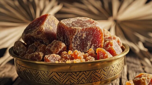 Jaggery cubes and granules in a traditional brass bowl on rustic wooden surface with dried palm leaves background video