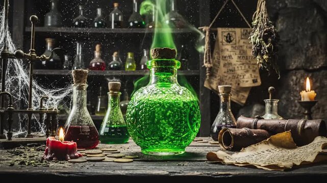 Green poisonous magic potion on dark laboratory background