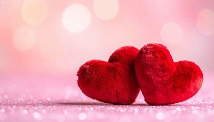 Two plush, red hearts sit together on a sparkling pink surface, with a bokeh background