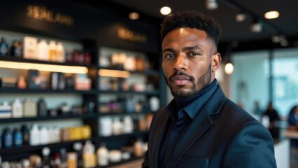 Obraz premium Portrait of an African-American man on the background of a perfume store shelf. For fragrance brands, perfume retailers and luxury store advertising