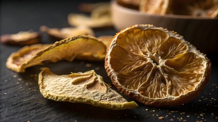 Fototapeta premium Dried Yuzu Peel Extreme Macro Close Up Luxury Dark Moody Gourmet Citrus Ingredient