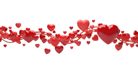 Multitude of glossy red heart shapes of varying sizes cascading and weaving in a fluid wave-like pattern against a transparent background with soft shadows, concept of love and Valentine's Day
