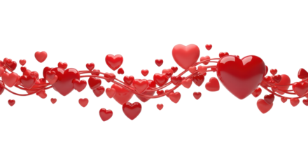 Multitude of glossy red heart shapes of varying sizes cascading and weaving in a fluid wave-like pattern against a transparent background with soft shadows, concept of love and Valentine's Day