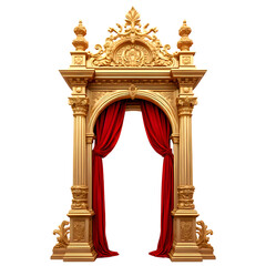 Naklejka premium Golden ornate archway with red curtains on black background