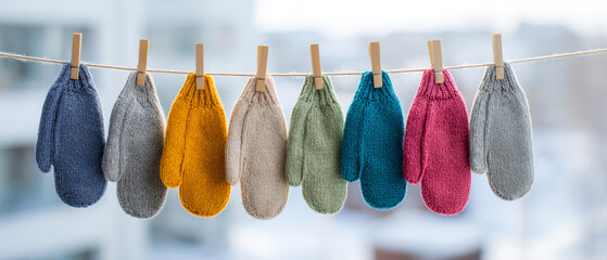 Colorful knitted mittens hanging on a clothesline with wooden clothespins against a blurred background in winter setting